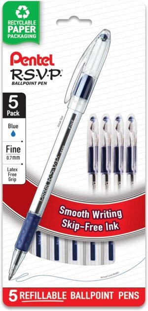 Pentel R.S.V.P. Bolígrafo, trazo medio, tinta azul, paquete de dos unidades (BK91BP2C)