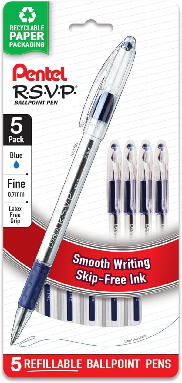 Pentel R.S.V.P. Bolígrafo, trazo medio, tinta azul, paquete de dos unidades (BK91BP2C)